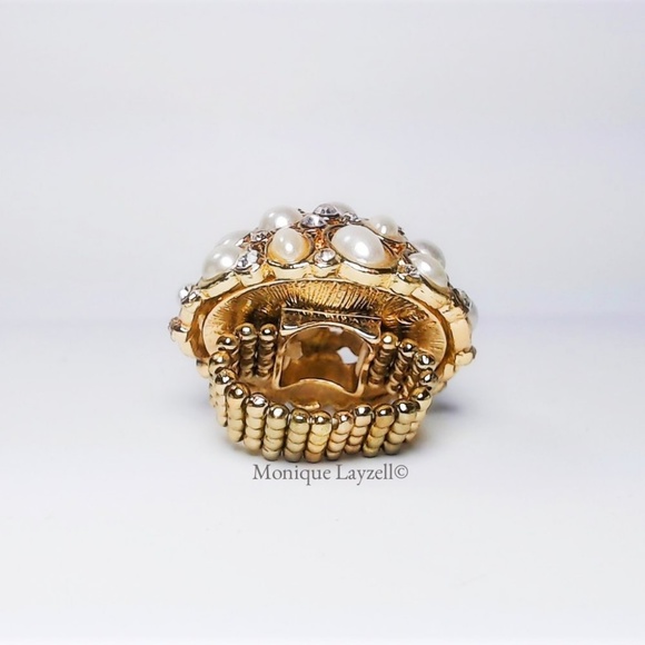 Gold Tone Pearl Crystal Cluster Cocktail Ring Free - Picture 3 of 3